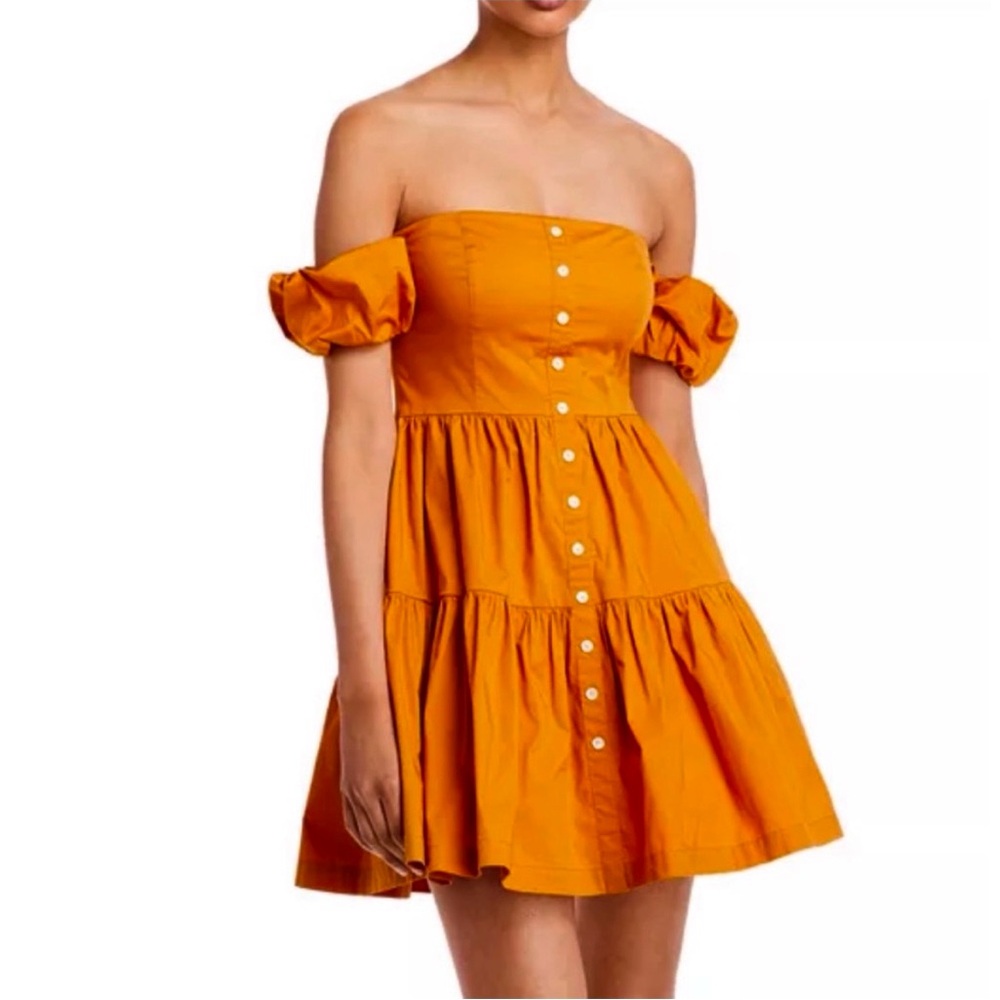 NWT STAUD Elio Off-Shoulder Orange Nectarine Cotton Babydoll Mini Dress Size 12